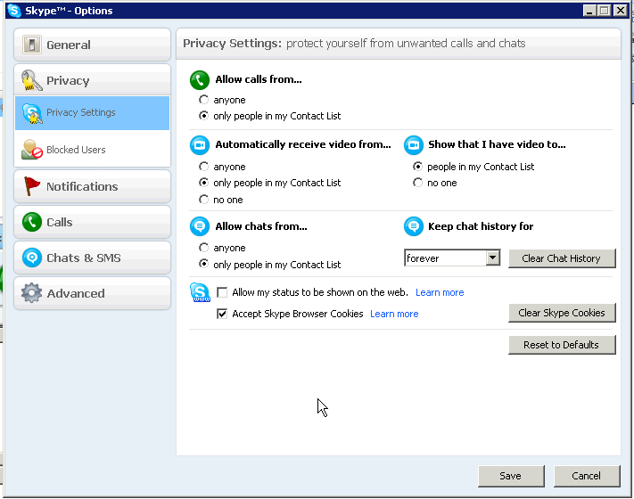 Screenshot of Skype options window.